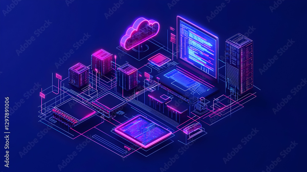 Poster isometric digital data technology network visualization with neon lights and blue background