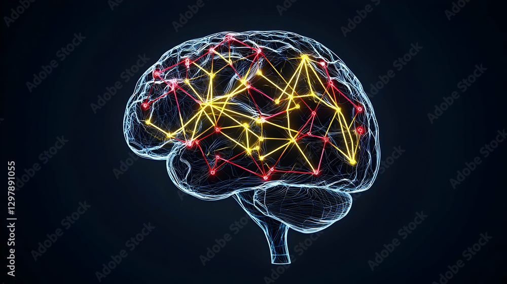 Poster glowing brain outline depicting neural network and data connections on dark blue background