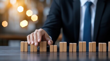 Person concentrating while placing wooden blocks on a table in a fun and engaging game of skill and strategy