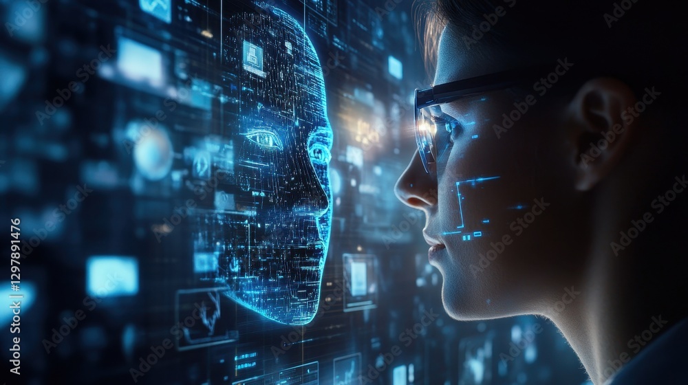 Poster focused female professional interacting with futuristic artificial intelligence interface displaying