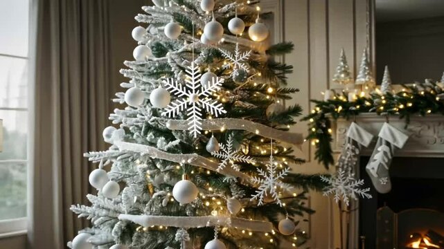 Decorated Christmas Tree and Fireplace in Cozy Living Room Holiday Scene suitable for Christmas celebrations, video footage, and social media posts	