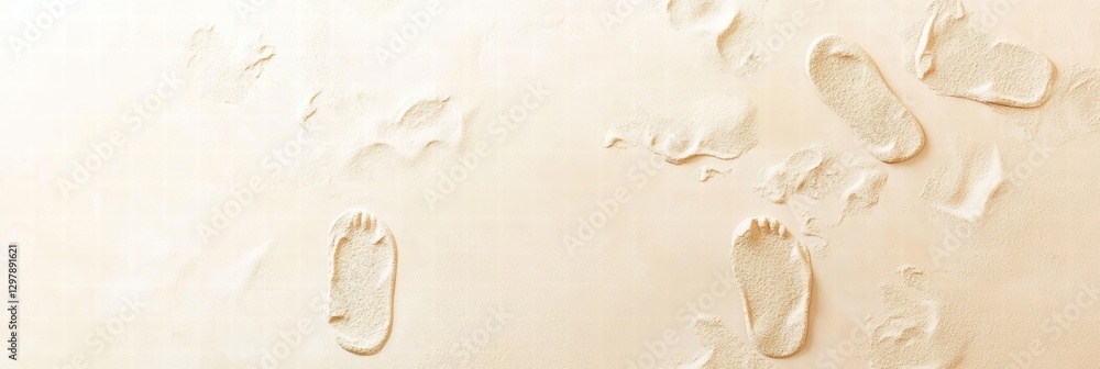 Poster Footprints on the soft sand at a serene beach during bright daylight with gentle waves nearby. Generative AI