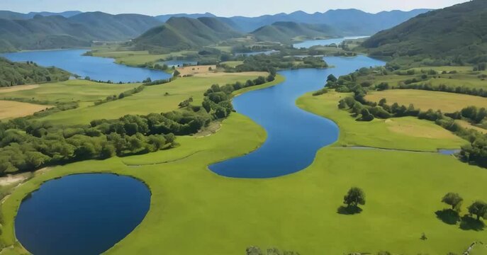 una vista panoramica de un valle, hay muchos arboled altos, un lago donde converge un rio que su agua cae por una fuente hacia el lago, hay un camino de tierra y varias colinas alrededor.