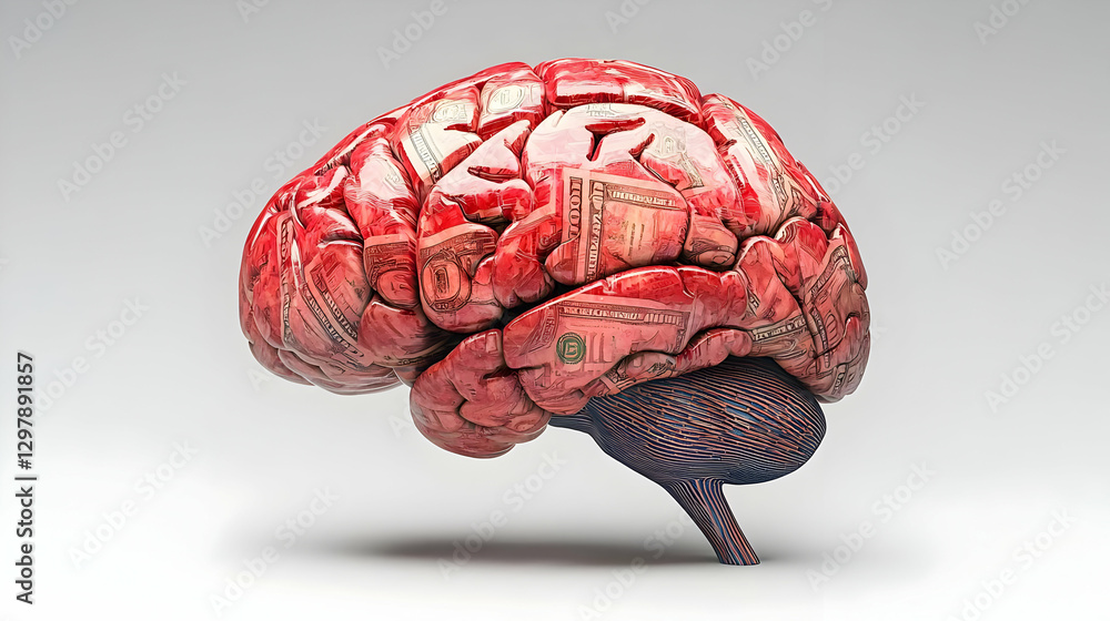 Poster detailed anatomical brain model isolated on white background displaying red and blue hues showing ne