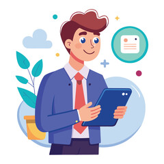 Man holding and using digital tablet computer. Tablet computer concept illustration. Vector illustration in cartoon style.