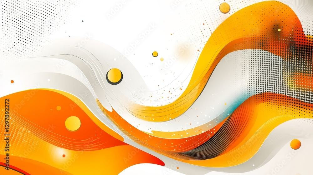 Poster abstract fluid wave pattern in vibrant orange and yellow hues with dynamic halftone texture creates 