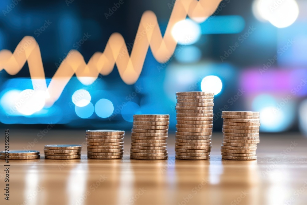 Poster stacked coins with a beautiful box placed next to them on a wooden surface creating an attractive fi