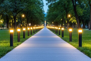 Obraz premium Illuminated walkway adorned with lights creating a magical atmosphere for evening strolls and romantic encounters