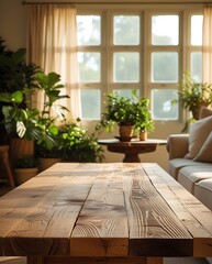 Fototapeta premium Rustic wooden dining table in a cozy living room filled with natural light and lush green plants. Warm and inviting home interior with organic textures and a peaceful atmosphere