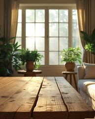 Fototapeta premium Rustic wooden dining table in a cozy living room filled with natural light and lush green plants. Warm and inviting home interior with organic textures and a peaceful atmosphere