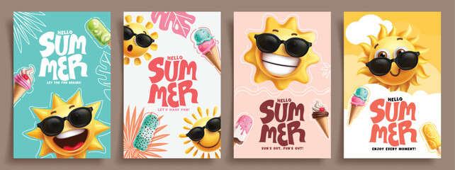 Hello summer clipart poster set. Summer greeting card clip art with sun wearing sunglasses and tropical elements in colorful background vector illustration.    © AmazeinDesign