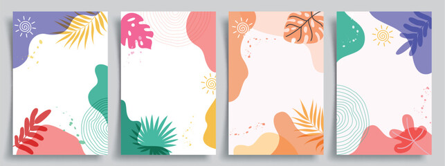 Summer abstract clipart background poster set. Summer greeting card tropical clip art background collection with colorful leaves drawing decoration elements vector illustration.  
