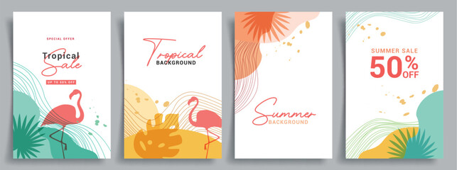 Summer sale clipart poster set. Summer tropical promo discount offer with flamingo and leaves clip art in colorful abstract background collection vector illustration.   © AmazeinDesign