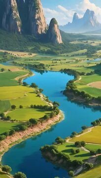 una vista panoramica de un valle, hay muchos arboled altos, un lago donde converge un rio que su agua cae por una fuente hacia el lago, hay un camino de tierra y varias colinas alrededor