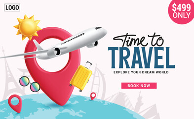 Time to travel booking clipart design. Travel online application for website ticket booking clip art with country location pin and promotion discount vector illustration. 
