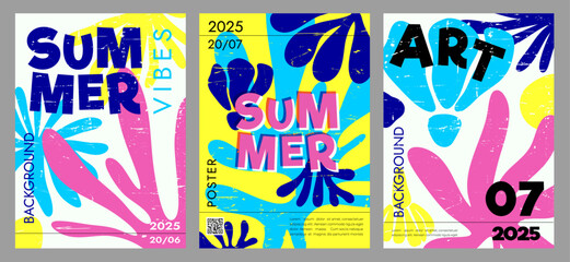 summer art poster set  with vibrant colours and textured background, abstract modern print, decor, cover, banner, template