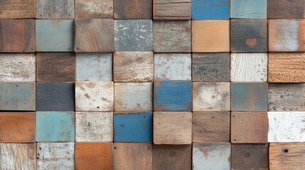 A creative mosaic of differently textured and colored wooden squares, forming a rustic yet artistic composition.