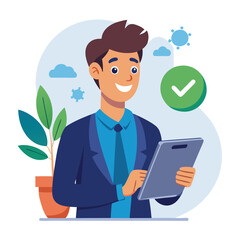 Man holding and using digital tablet computer. Tablet computer concept illustration. Vector illustration in cartoon style.