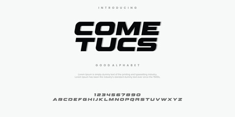 Come Tucs futuristic minimalist display font design, alphabet, typeface, letters and numbers, typography.