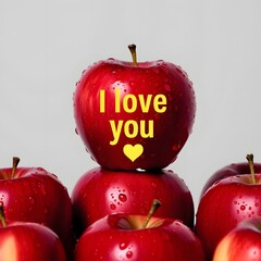 A close-up photo of several fresh red apples against a bright solid white background. On top of the pile of apples, one apple stands out with bright yellow text that reads 'I LOVE YOU' along with a he