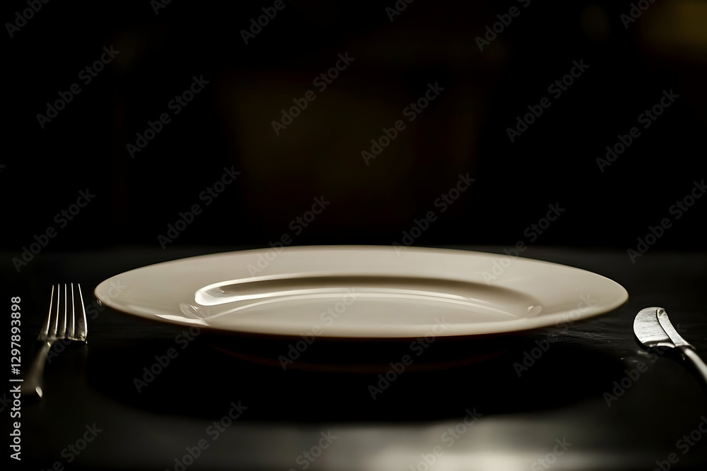Poster minimalist table setting with plate fork and knife against dark background