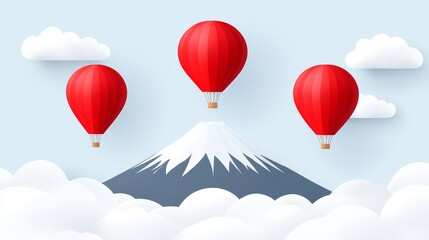 Obraz premium Mount Fuji and hot air balloons vector design vibrant red balloons floating above clouds for travel background adventure illustration
