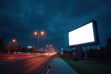 Billboard stands vacant on urban street at night