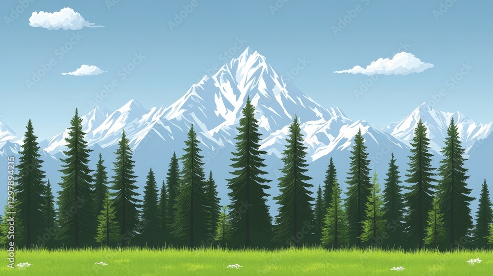Poster pixelated mountain range backdrop with forest and meadow a scenic view of nature ideal for retro gam
