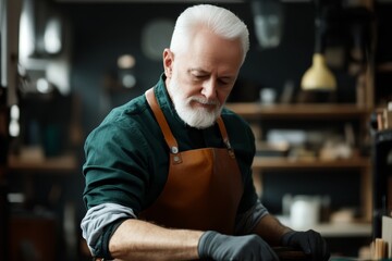 Obraz premium Skilled artisan crafting handcrafted wooden furniture in a cozy workshop setting