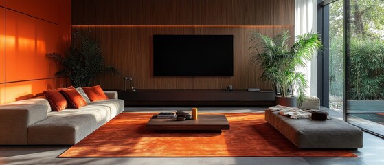 Serene Minimalist Bathroom Interior with Freestanding Tub and Autumn Branches