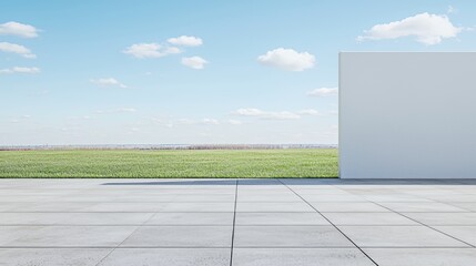 Modern Rooftop Cityscape with Green Grass and White Wall