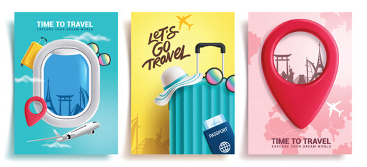 Travel time clipart poster set. Travel and tour clip art collection with luggage bag, airplane and location pin for international vacation flight vector illustration. 
