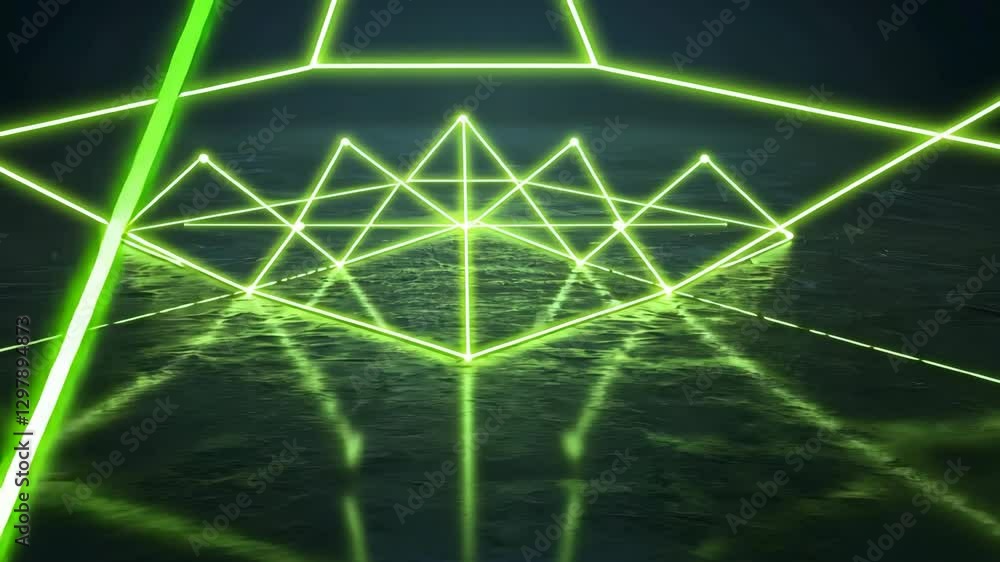 Poster glowing green geometric pattern reflected on shiny surface creating futuristic symmetrical design wi
