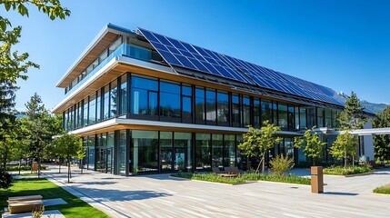 Modern office building with solar panels, sunny day, landscaped grounds