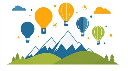 Naklejka premium Pixelated hot air balloons and mountain scenery for digital artwork and backgrounds creating a whimsical and adventurous feel of traveling