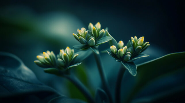 Closeup of exquisite teal green flower buds blooming in nature dark leaf plant macro image fresh