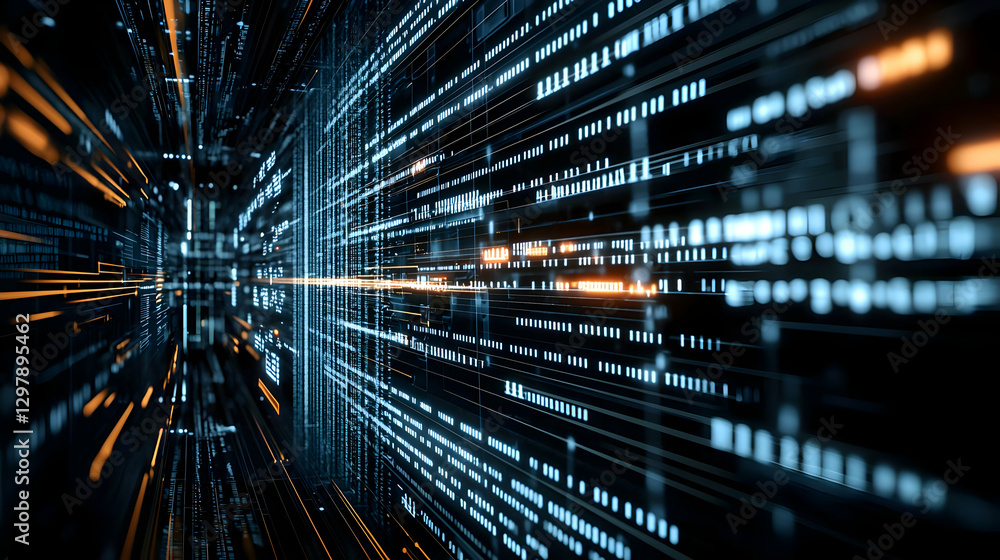 Poster abstract digital data flow with blue and orange light trails in modern technological network