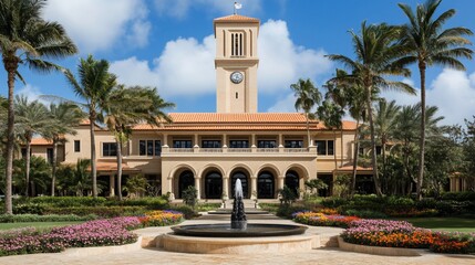 Palm-lined building with fountain, clock tower, and gardens