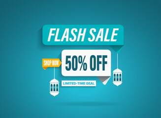 Ramadan Kareem Sale web banner victor design template.  Eid Exclusive Discount, Flash sale , Mega sale  offer with Realistic Ribbon. A template for Eid sale greetings.