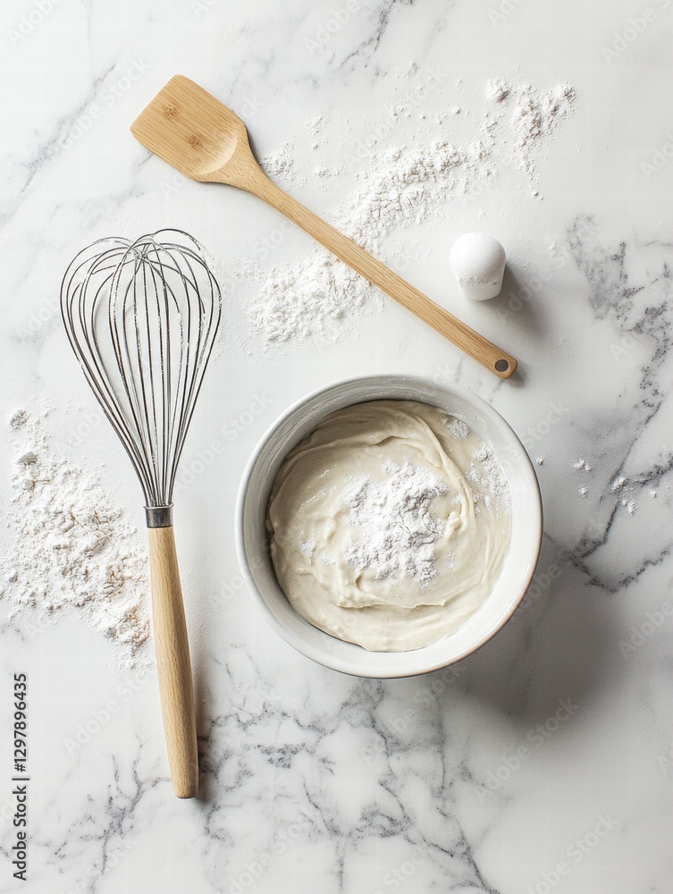 Poster Mixing batter in a bowl with a whisk and flour on a marble countertop during a baking session at home. Generative AI
