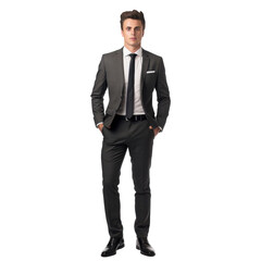 A man in a gray suit and white shirt. isolated on transparent background