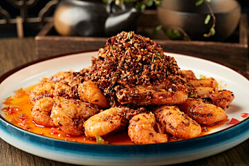 Deep-fried prawns with spicy pepper and red oil
