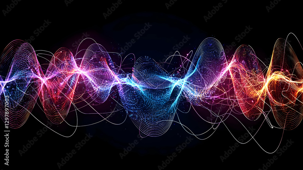 Poster abstract digital wave energy motion visualization with colorful particles against black background