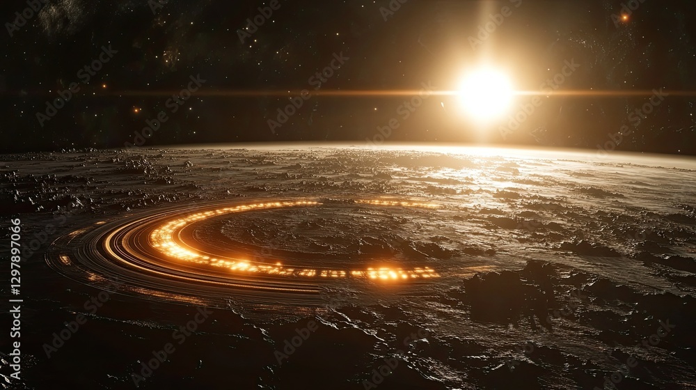 Aufkleber a close-up view of a planet with glowing rings.