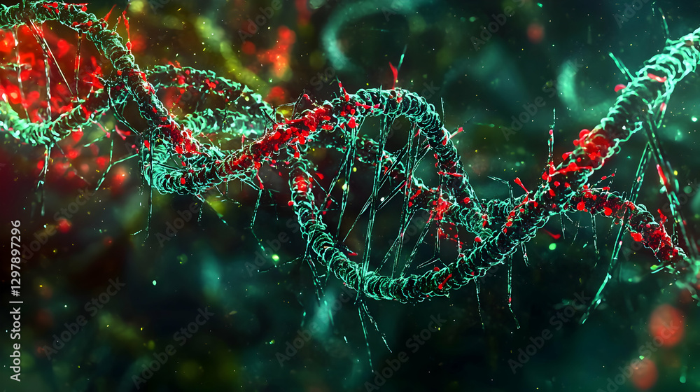 Poster abstract visualization of dna double helix structure in green and red colors with detailed lighting 