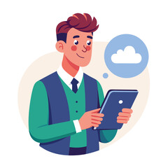Man holding and using digital tablet computer. Tablet computer concept illustration. Vector illustration in cartoon style.