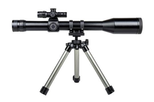 Rifle scope mounted on a tripod isolated with transparent background