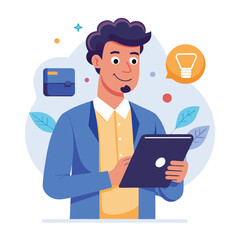 Man holding and using digital tablet computer. Tablet computer concept illustration. Vector illustration in cartoon style.