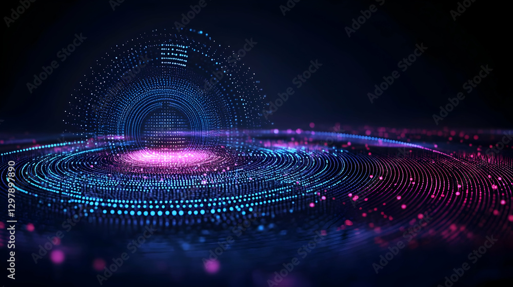 Poster abstract digital visualization of data flowing across network in blue and pink colors
