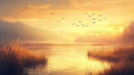 Serene River at Sunrise with Warm Reflections